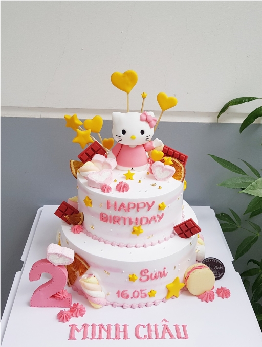 Bánh kem 2 tầng trang trí Hello Kitty màu hồng tặng bé gái