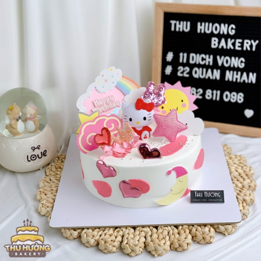 Bánh sinh nhật trang trí mèo hello kitty màu hồng thơ mộng