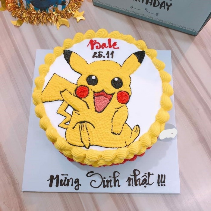 Bánh sinh nhật vẽ hình pikachu cười vui vẻ