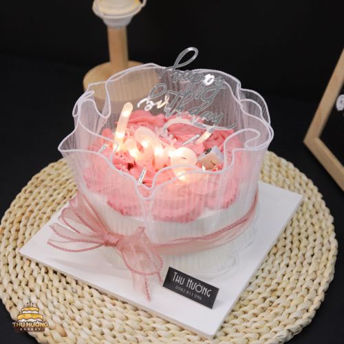 Bánh sinh nhật mini màu hồng trang trí đèn xinh -2