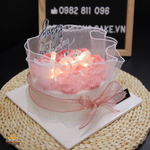 Bánh sinh nhật mini màu hồng trang trí đèn xinh -3